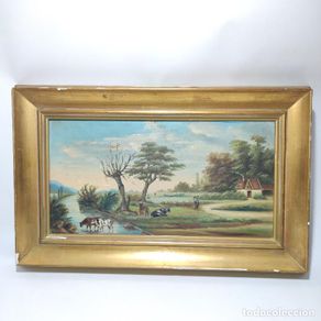 Arte: Bella tabla con escena costumbrista campestre. Vaquero con ganado junto al río. Firmado LMM. 1882.